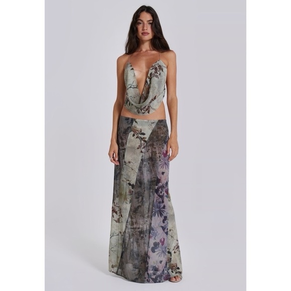 NWT Jaded London Asteria Pannelled Maxi Skirt Long Flowy Green Floral Revolve 6 - Picture 3 of 13